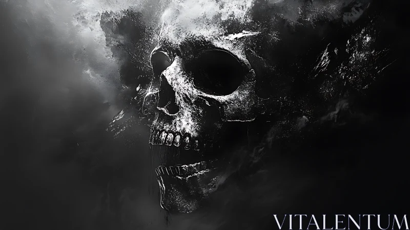 Monochrome cranial apparition in turbulent particulate mist.