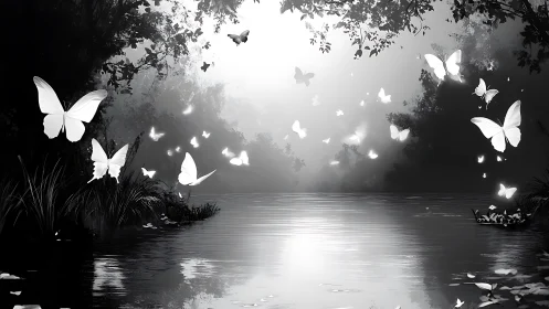 Gentle moonlit butterflies drifting above a quiet forest lake.
