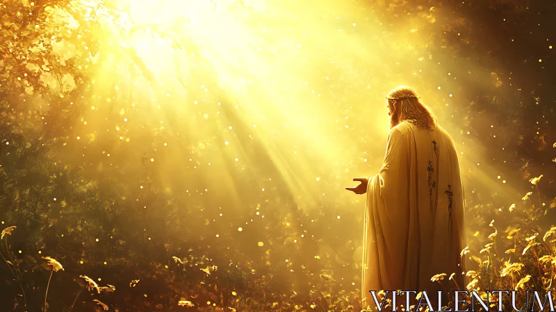 Golden dawn pours over a lone robed wanderer in prayer