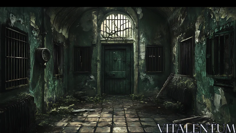 Abandoned prison corridor with moss-covered barred door.