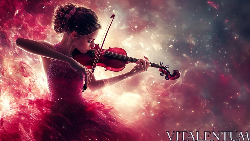Violinist in crimson nebula dress amid glowing cosmos.