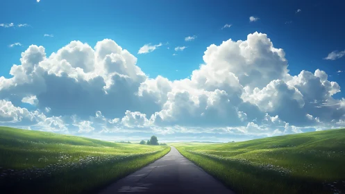 Straight country road under towering summer clouds.
