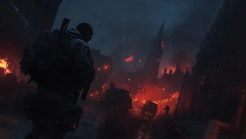 Rain-soaked soldier stalks a burning war-torn boulevard at dusk.