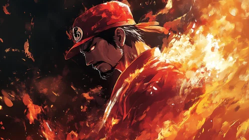 Firefighter Surrounded by Intense Flames and Fire