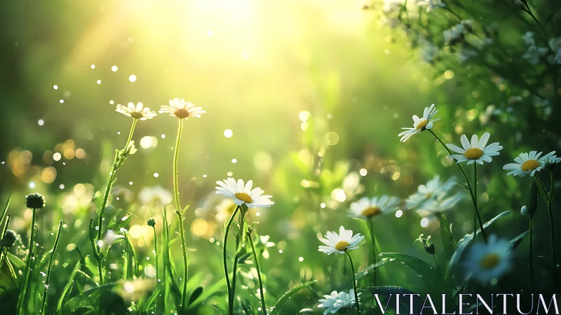 Backlit meadow daisies under high-intensity bokeh illumination.
