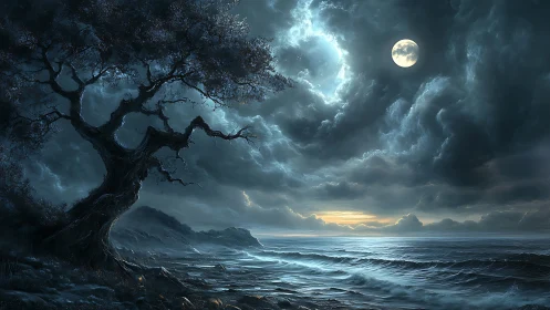Twisted shoreline tree under stormlit moonlit seascape.