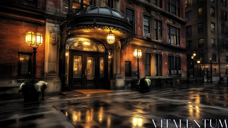 Grand hotel entrance glowing over rain-slicked city street.