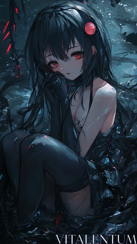 Dark anime girl curls in crystalline shadows, eyes softly glowing