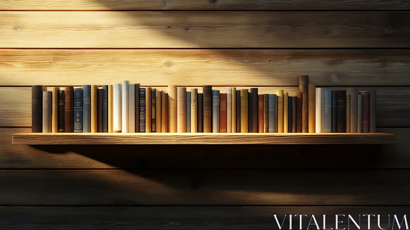Single wooden shelf of hardback books in raking sunset light