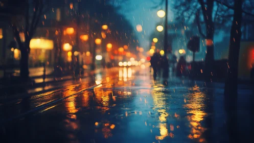 Nocturnal city street in rain with bokeh reflections glowing.