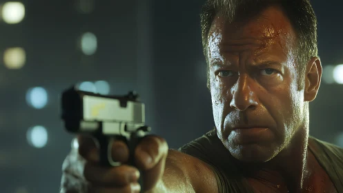 Gritty night hero locked in a tense, cinematic stare.