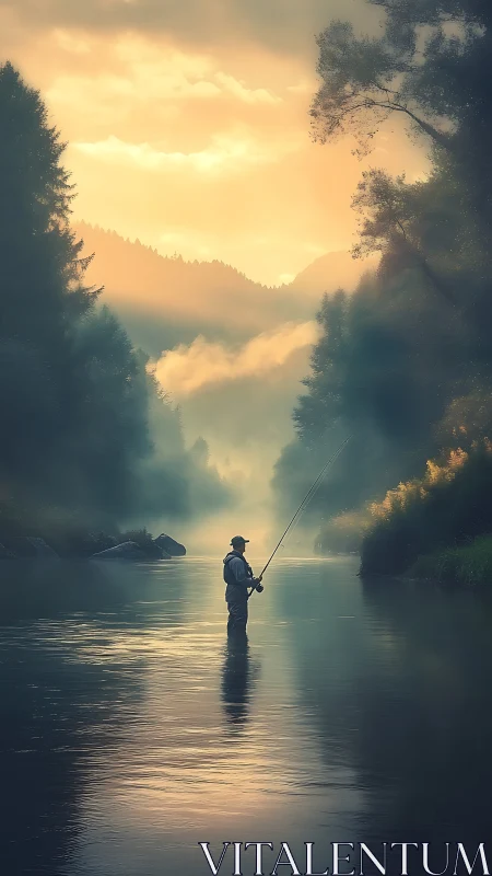 Silhouetted fly fisher in volumetric dawn river atmosphere.