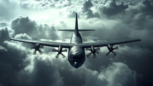 Military cargo aircraft cuts through dramatic storm clouds