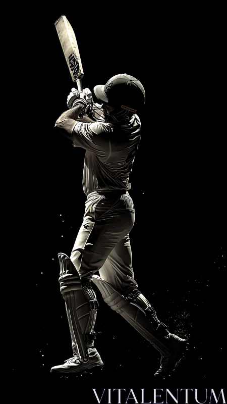 Luminous cricket striker carved from spotlight and shadow.