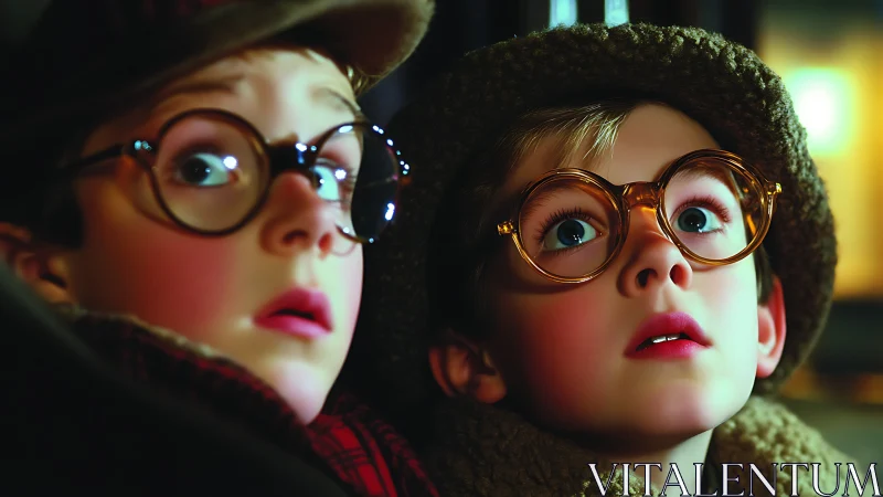Wide-eyed winter detectives in oversized storybook glasses.