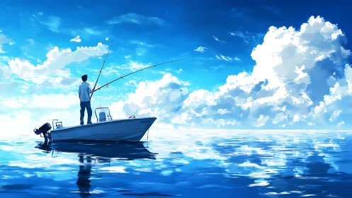 Quiet fisherman savors a wide blue sea under soaring clouds