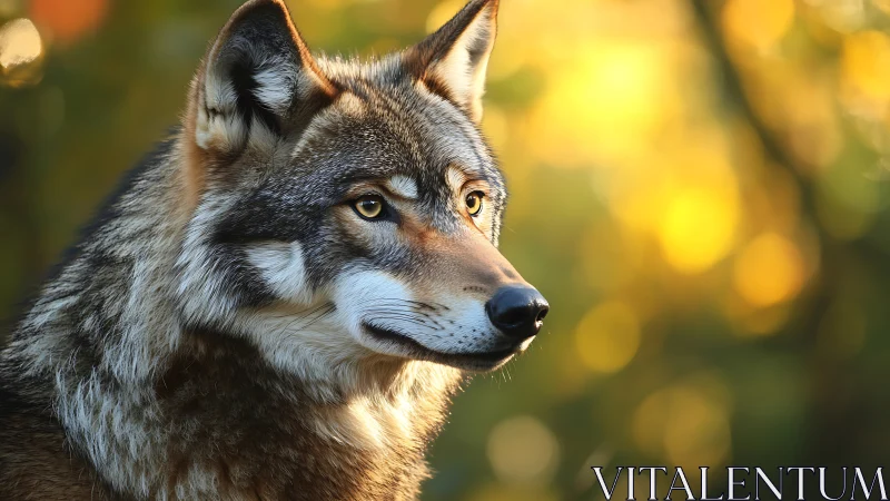 Golden forest light gently frames a calm, watchful wolf