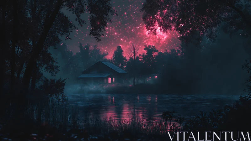 Lakeside cabin under pink illuminated night sky reflection.