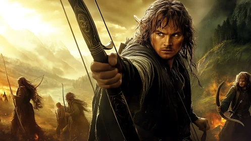 Elven archer squad charges through emberlit mountain warfield.