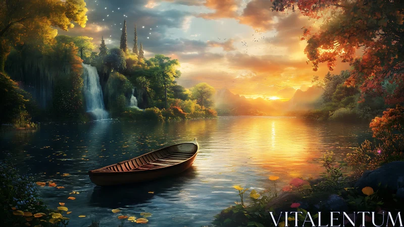 Spectral sunset hydroscape with moored wooden skiff and falls.