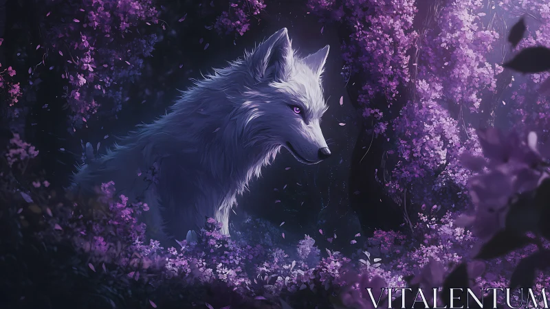 White wolf in purple flowered forest at nightfall.