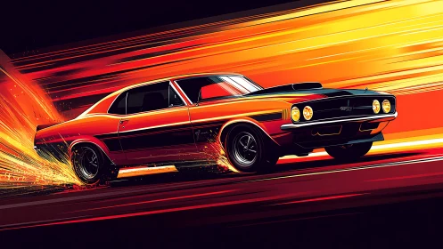 Classic muscle car rendered in dynamic neon motion lines