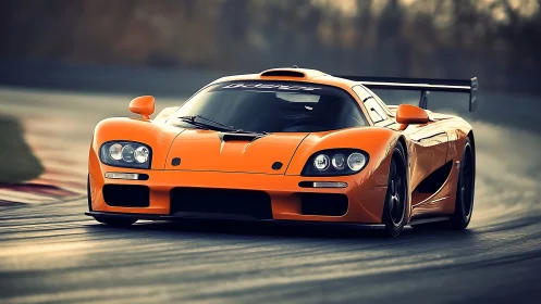 Orange track-focused sports car on curved racing circuit.