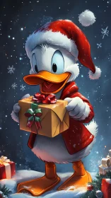 Cartoon duck in Santa coat holding festive gift box.