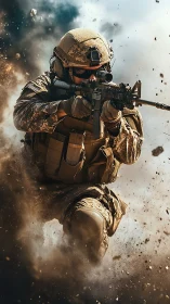 Modern infantry rifleman advancing through battlefield detonation