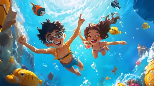 Sunlit snorkel kids racing goldfish through coral laughs.