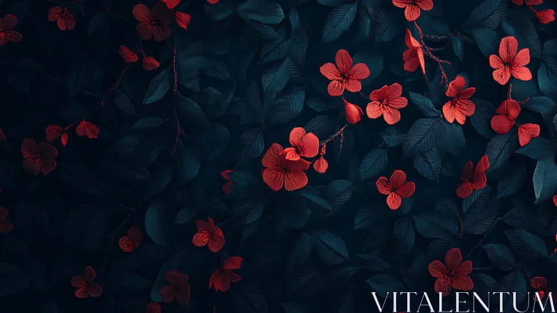 Red Flowers Glow Against Deep Teal Foliage.