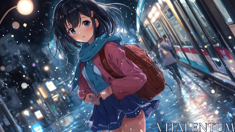Snowy platform encounter with blue-scarfed anime schoolgirl.