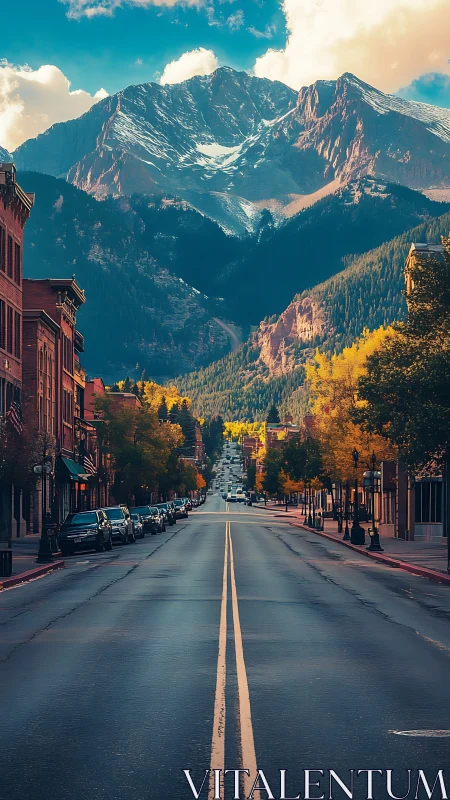 Mountain highway leads through quiet town toward snowy peaks