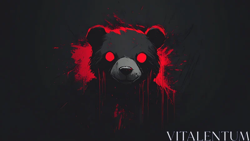 Stylized bear head with red eyes on dark abstract backdrop.