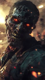 Charred undead figure with glowing eyes in burning scene.