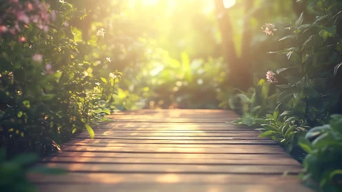 Sunlit wooden garden path bordered by lush green plants.