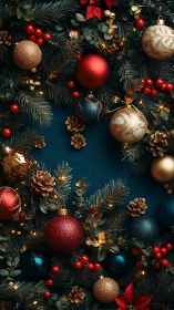 Dense Christmas wreath composition with glitter ornaments and LEDs