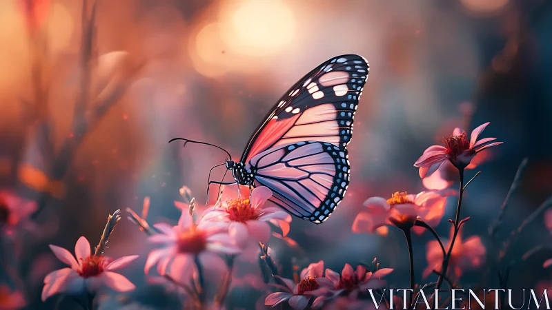 Digital painting of monarch butterfly on luminous meadow florals.