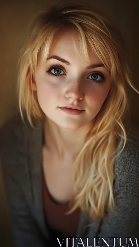 Soft portrait of blonde woman in warm, intimate lighting.