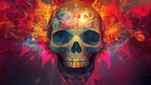 Flaming neon skull emerges from swirling abstract chaos
