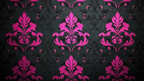 Pink damask pattern over dark textured wallpaper background.