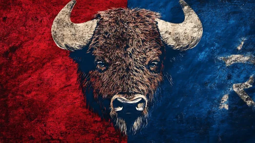 Textured bison portrait on split red blue distressed ground