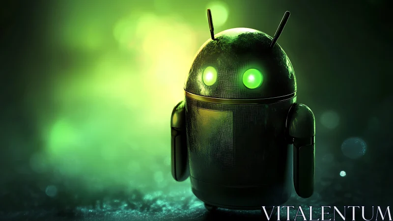 Glowing green android mascot stands in cinematic neon haze.