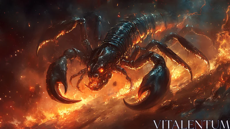 Infernal armored scorpion lunging through volcanic firestorm.