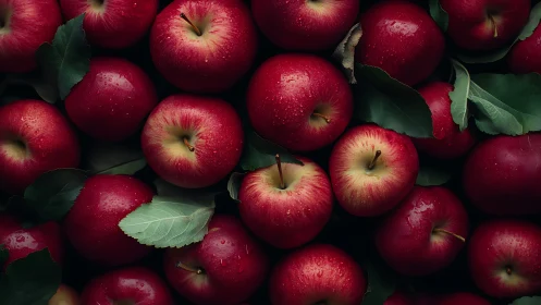 Red apples with green leaves in dense overhead arrangement.