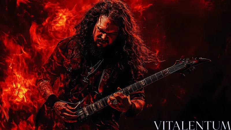 Heavy metal guitarist shreds amid blazing red inferno light