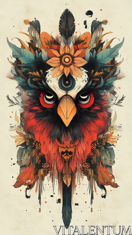 Symmetrical tribal owl totem with feathers, floral crest, ink splatter