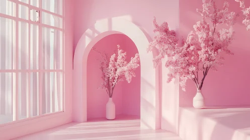 Monochrome pink interior with vases of flowering branches.