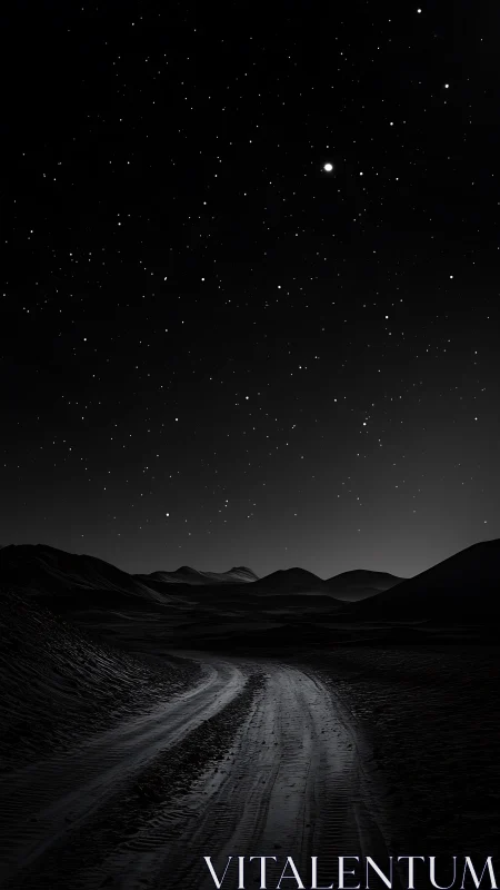 Desert dirt road curves under dense starry night sky