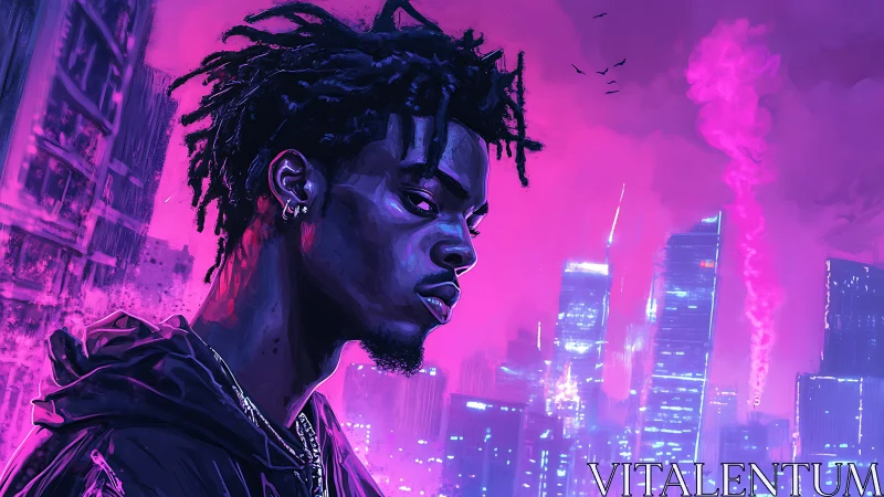 Solitary figure in neon cyberpunk cityscape at night.